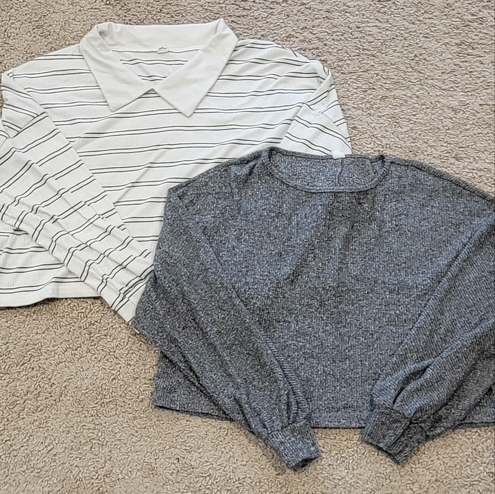 Striped White and Gray Women's Tops
